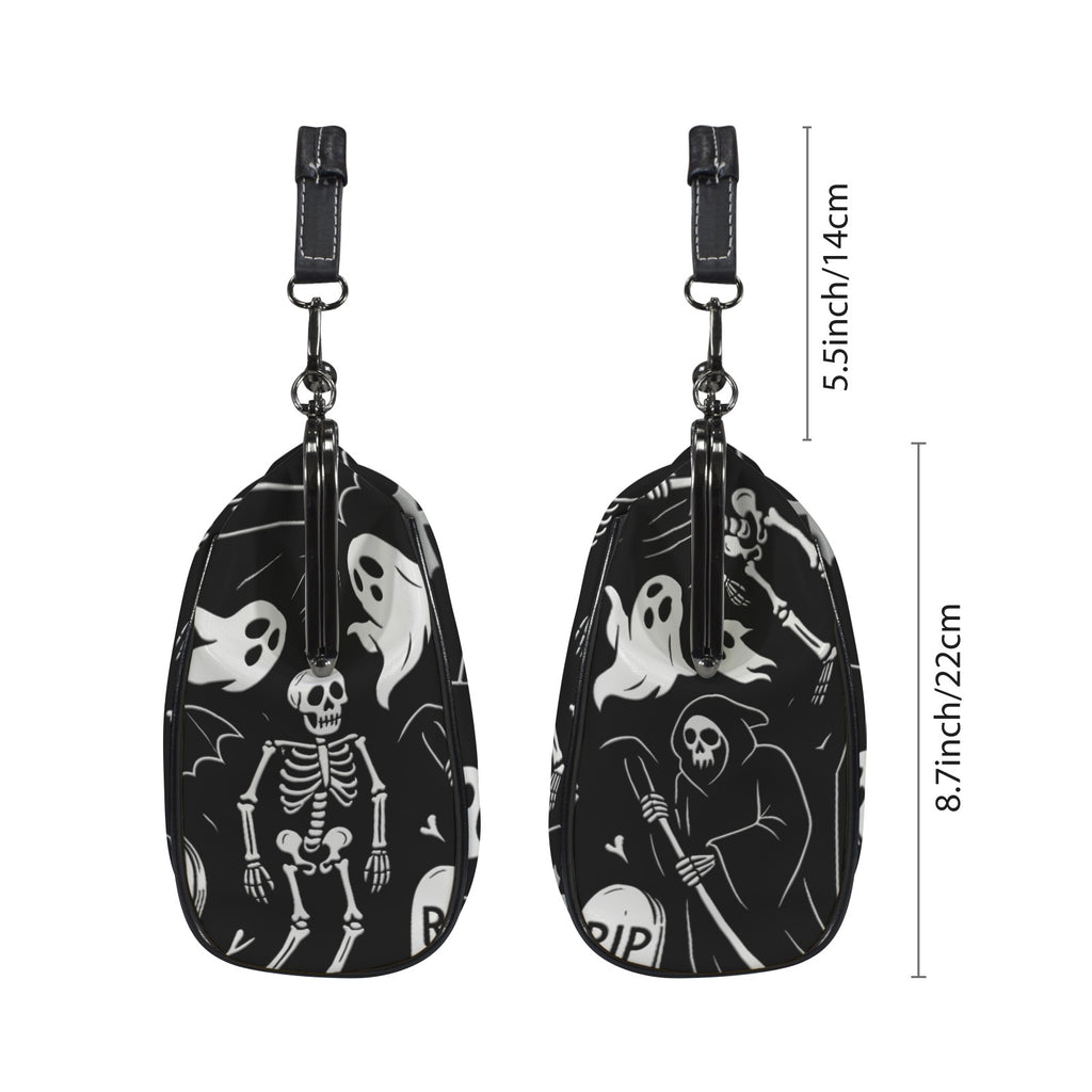 Two side profiles of kisslock bag with white ghosts and grim reapers on black beside dimension markers