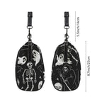 Two side profiles of kisslock bag with white ghosts and grim reapers on black beside dimension markers