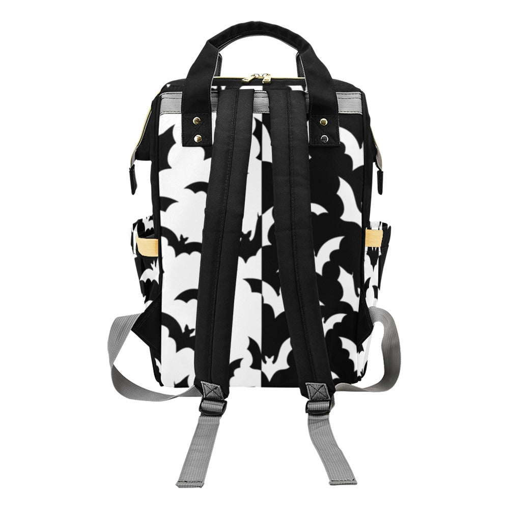 Black & White Bats Backpack rear view showing padded shoulder straps and top handles