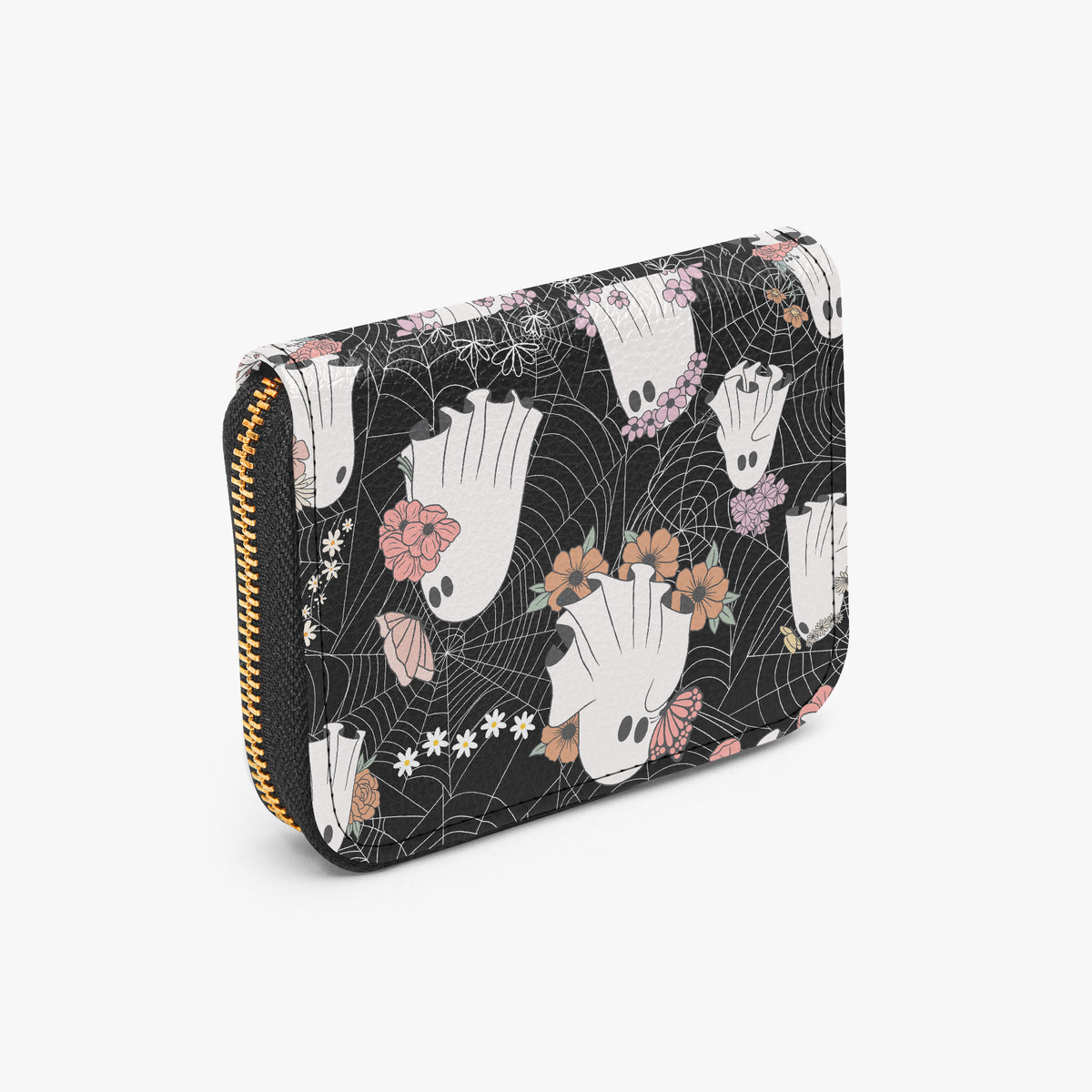 Floral Ghost Web Bifold Zipper Wallet angled exterior view
