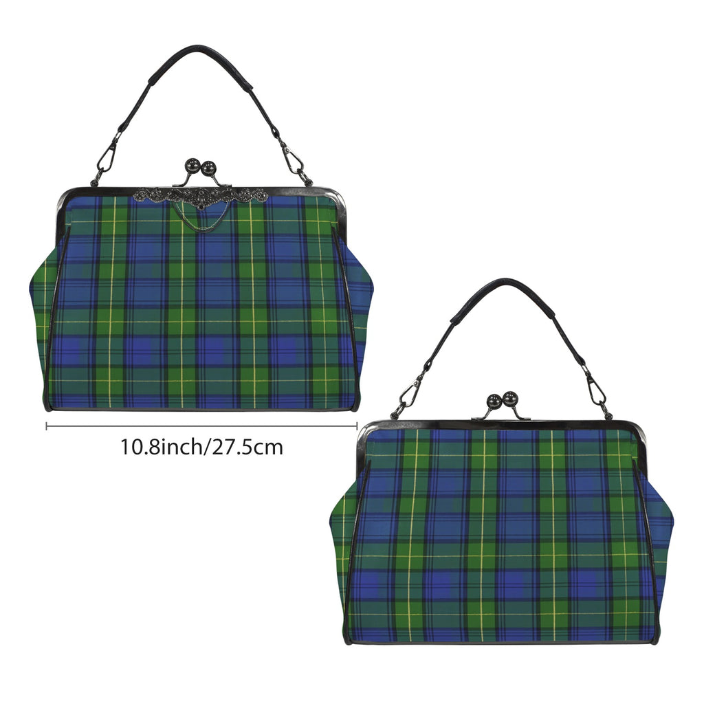 Kisslock bag with blue and green plaid pattern shown from two broad sides beside a width marker
