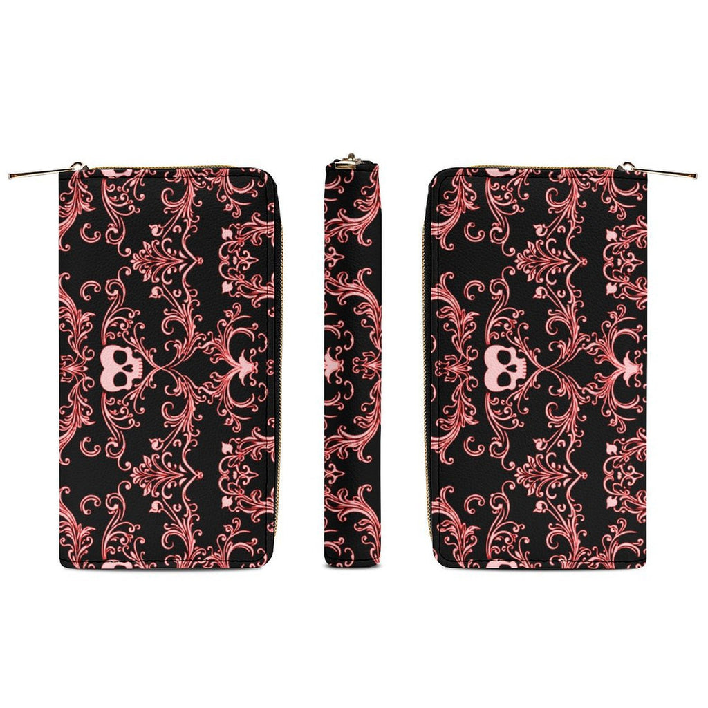 Pink Skull Damask Leather Wallet