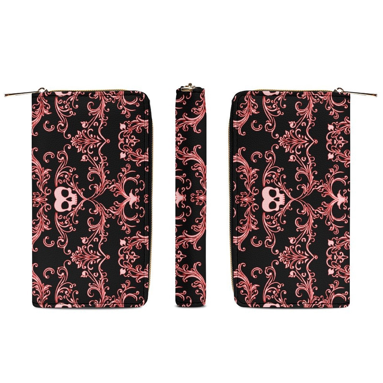 Pink Skull Damask Leather Wallet