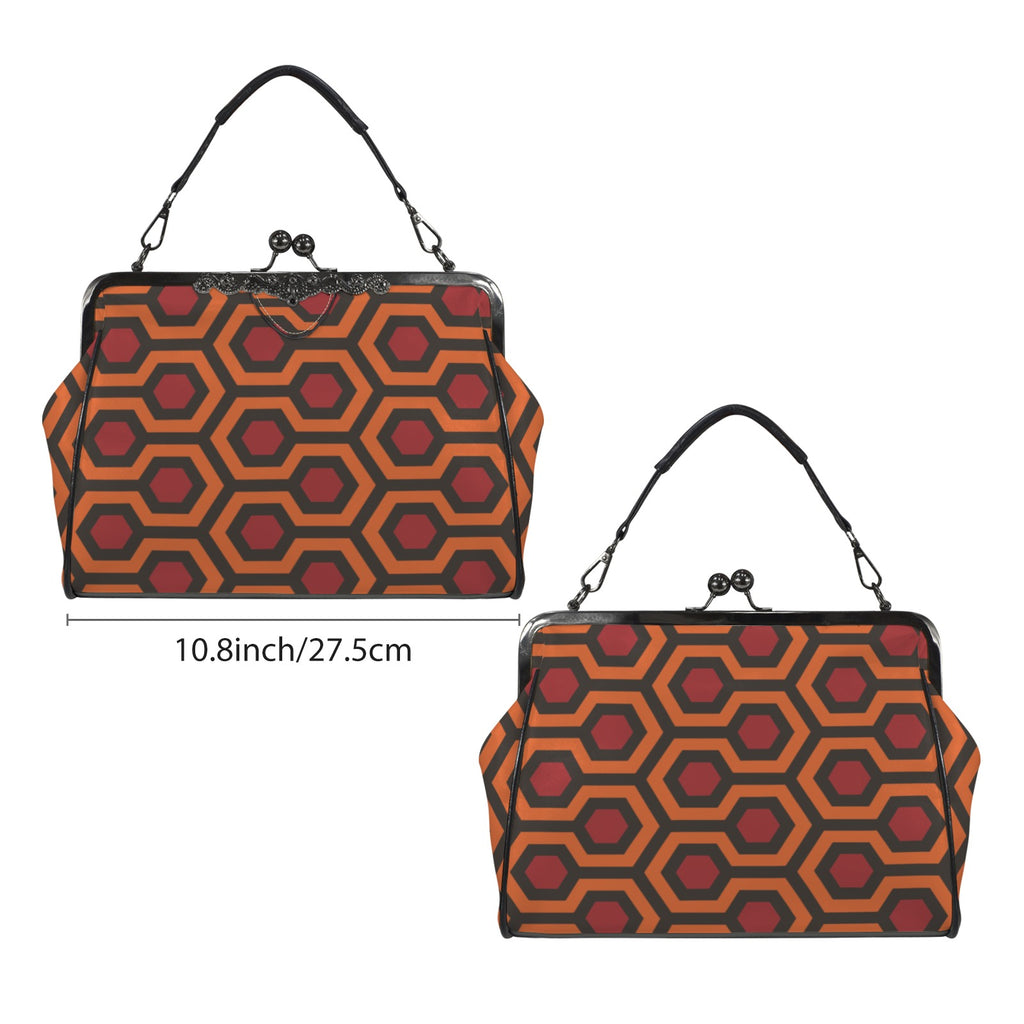 Kisslock bag with burnt-orange and red Haunted Hotel geometric print shown from two broad sides beside a width marker