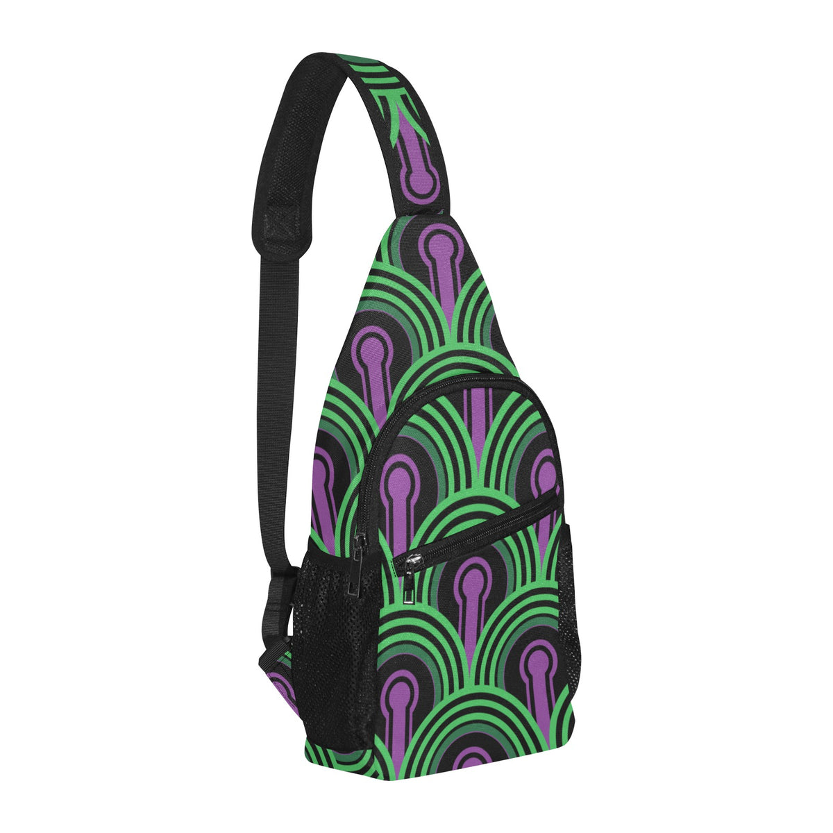 Opposite three-quarter view of chest bag with green arches and purple keyhole pattern and shoulder strap