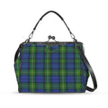Kisslock crossbody bag with blue and green plaid pattern, front view with handle and shoulder strap