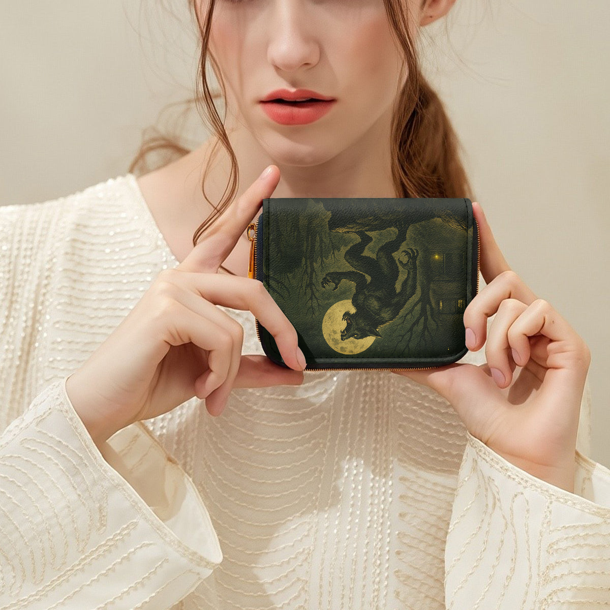 Moonlit Werewolf Bifold Zipper Wallet held in hands