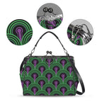 Kisslock bag with green arches and purple keyhole pattern, plus close-ups of print, clasp, and strap hardware