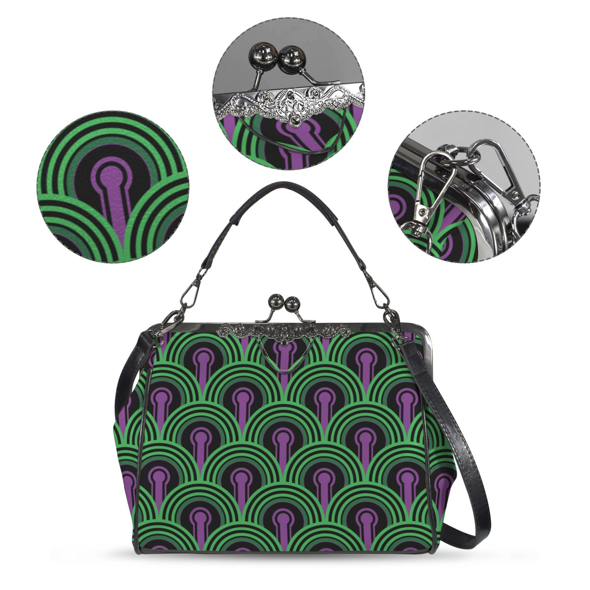 Kisslock bag with green arches and purple keyhole pattern, plus close-ups of print, clasp, and strap hardware