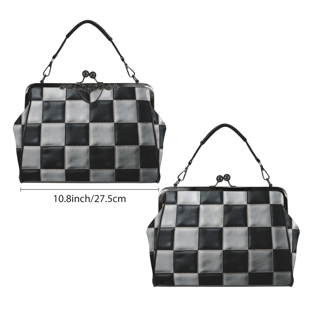 Kisslock bag with black and white checkerboard pattern shown from two broad sides beside a width marker