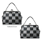 Kisslock bag with black and white checkerboard pattern shown from two broad sides beside a width marker