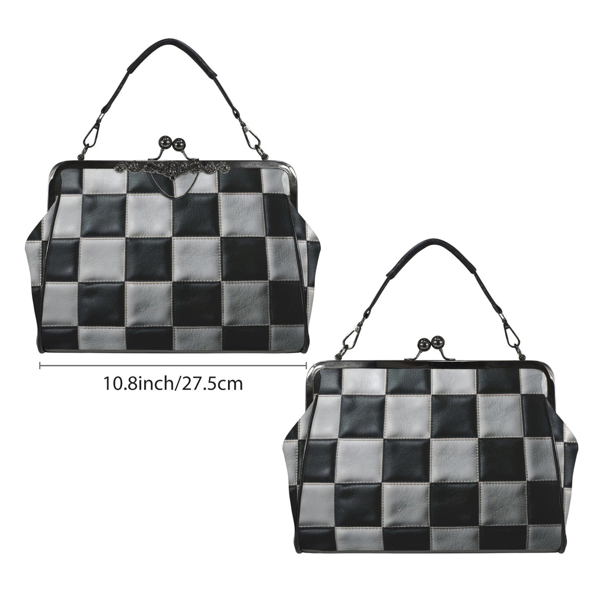Kisslock bag with black and white checkerboard pattern shown from two broad sides beside a width marker
