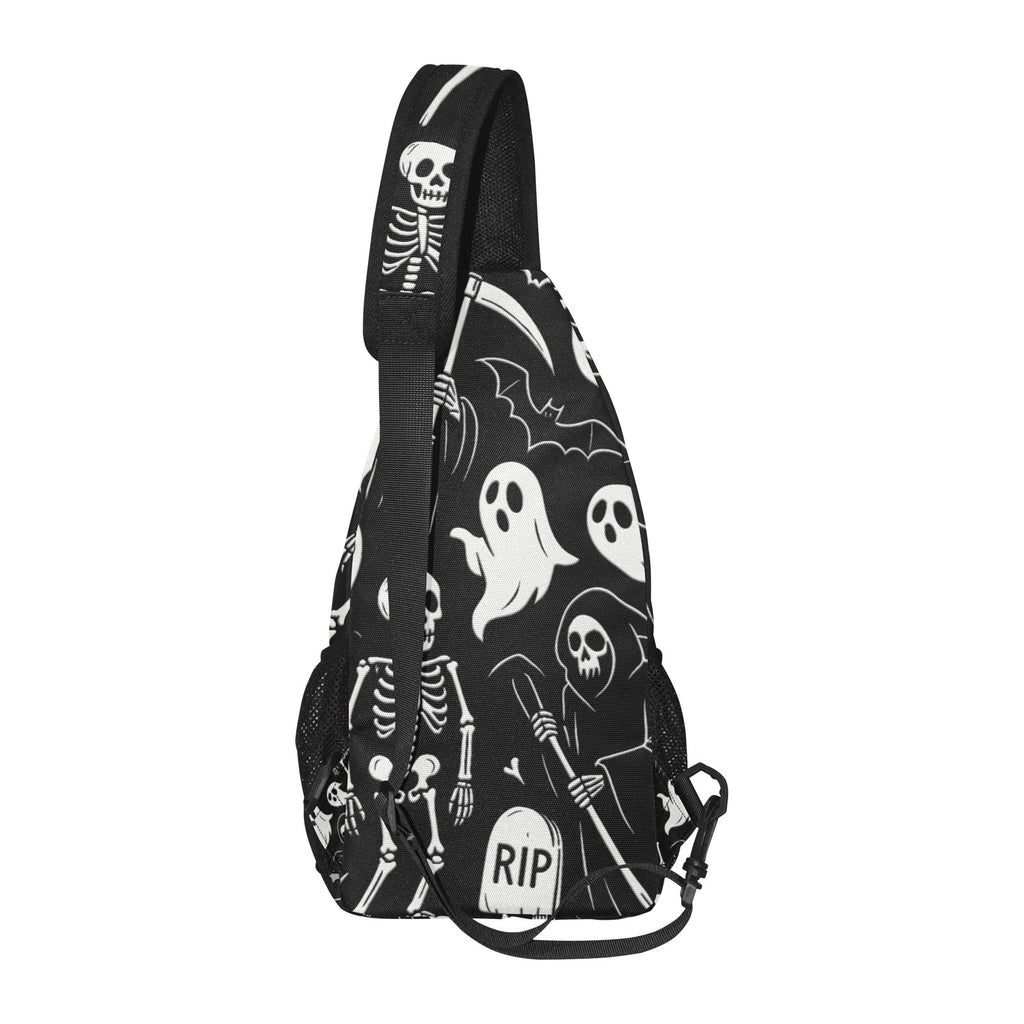 Side profile of chest bag with white ghosts and reapers on black and adjustable shoulder strap