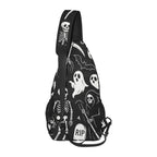 Side profile of chest bag with white ghosts and reapers on black and adjustable shoulder strap