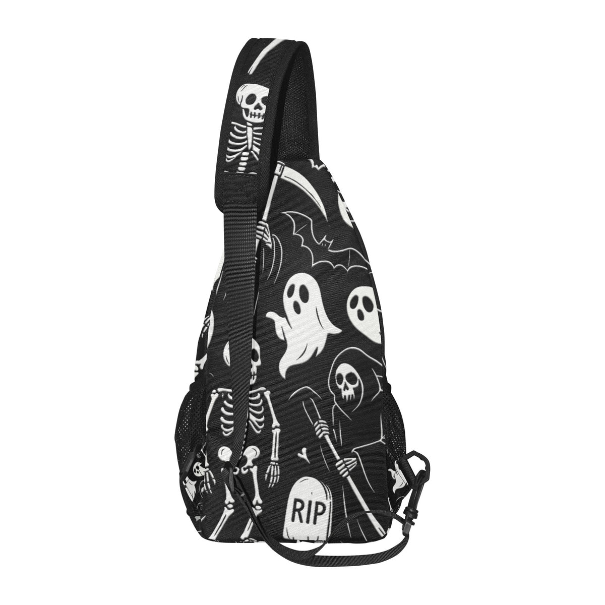 Side profile of chest bag with white ghosts and reapers on black and adjustable shoulder strap