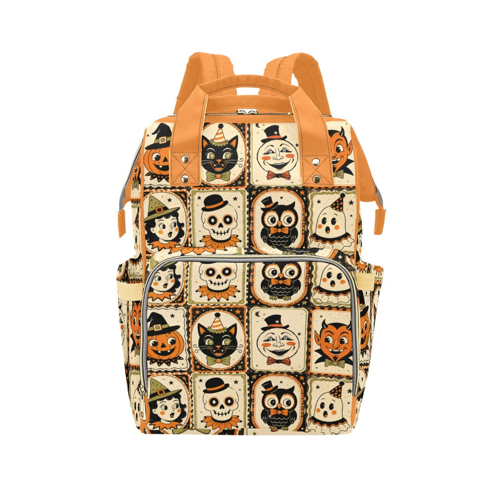Vintage Halloween Backpack front view with zippered front section and side pockets