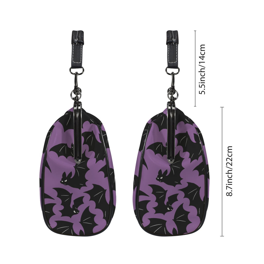 Two side profiles of kisslock bag with purple and black bat pattern beside dimension markers