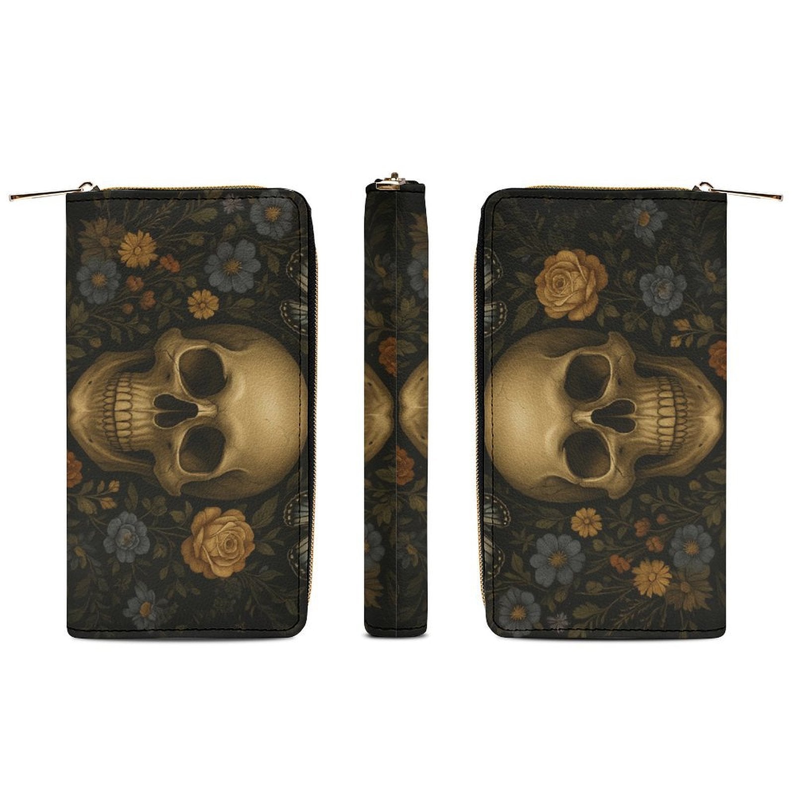 Golden Skull Floral Leather Wallet
