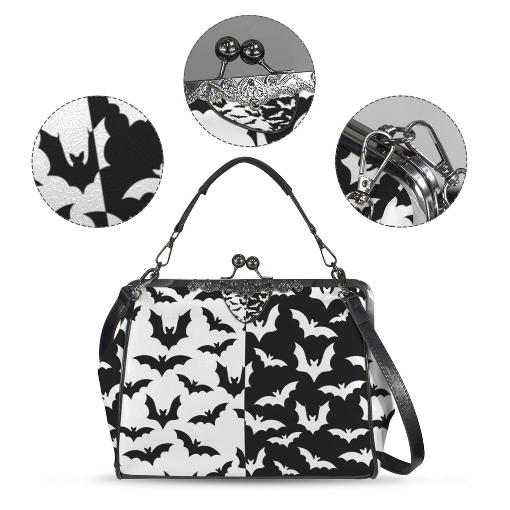 Kisslock bag with black and white bat pattern, plus close-ups of print, clasp, and strap hardware