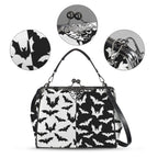 Kisslock bag with black and white bat pattern, plus close-ups of print, clasp, and strap hardware