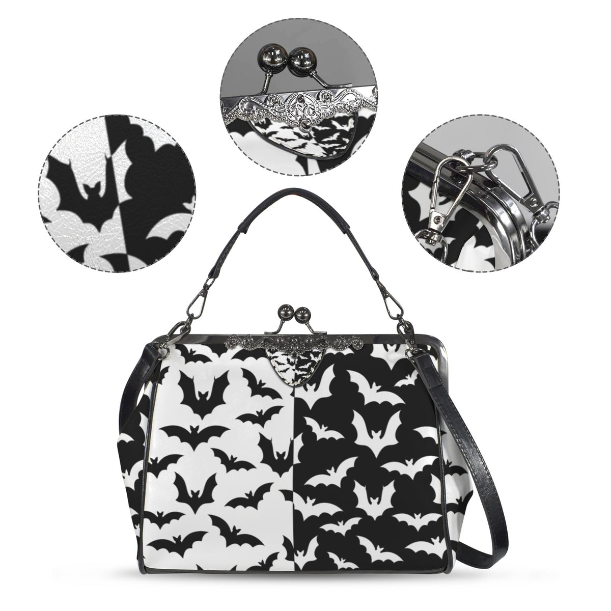Kisslock bag with black and white bat pattern, plus close-ups of print, clasp, and strap hardware