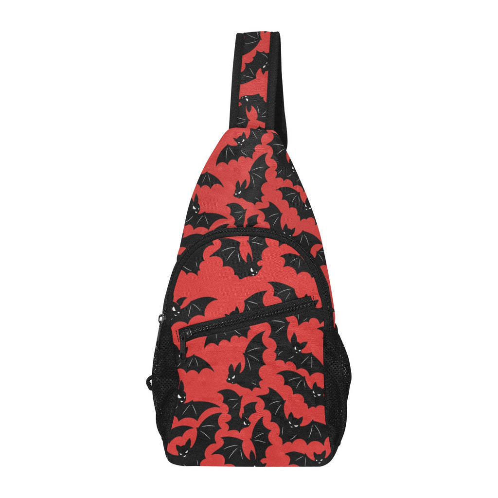 Chest bag with red and black bat pattern, upright view showing zippered front pocket