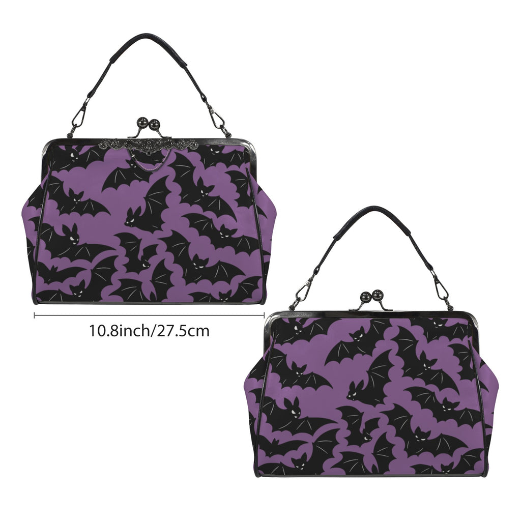 Kisslock bag with purple and black bat pattern shown from two broad sides beside a width marker