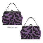 Kisslock bag with purple and black bat pattern shown from two broad sides beside a width marker