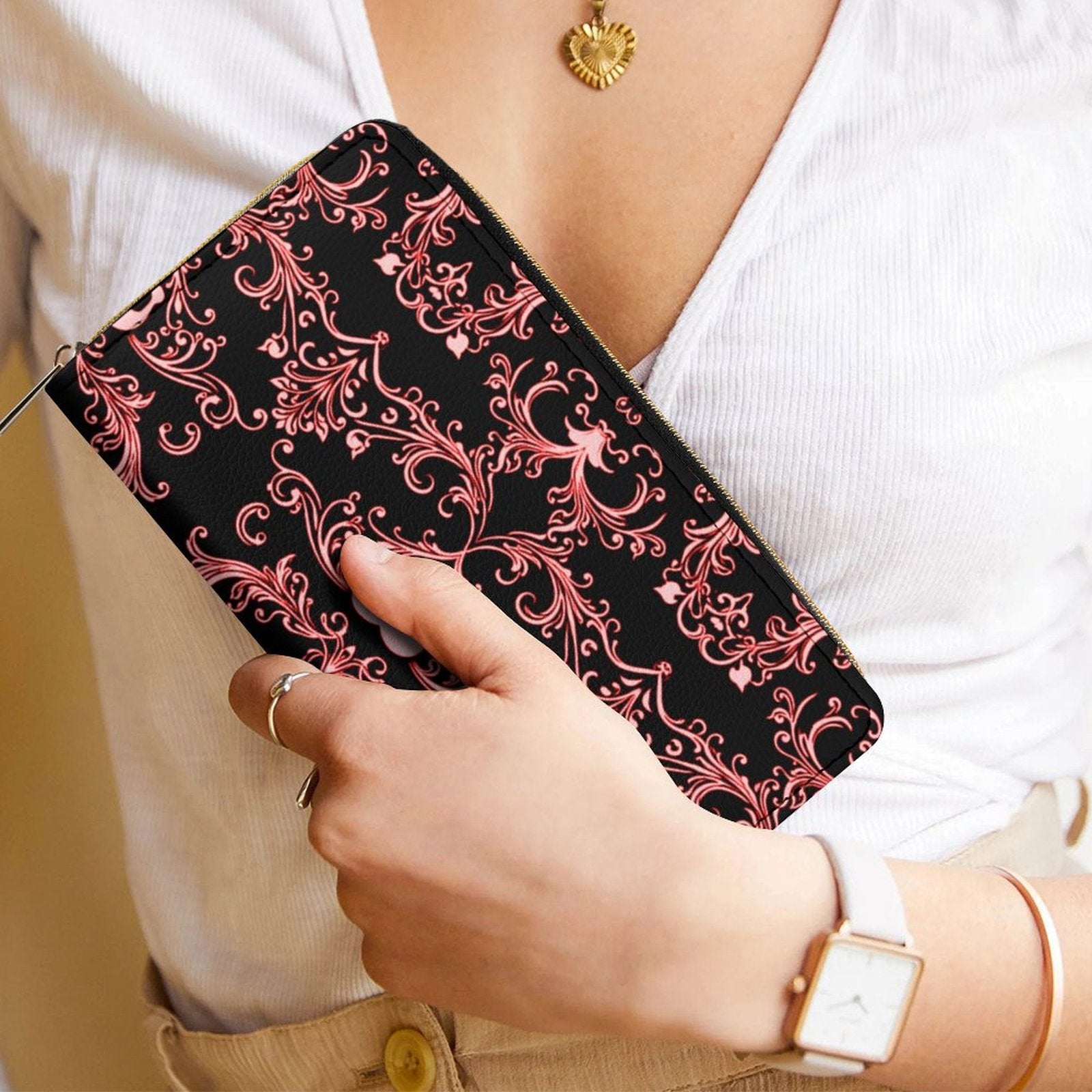 Pink Skull Damask Leather Wallet