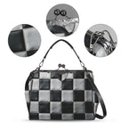 Kisslock bag with black and white checkerboard pattern, plus close-ups of print, clasp, and strap hardware