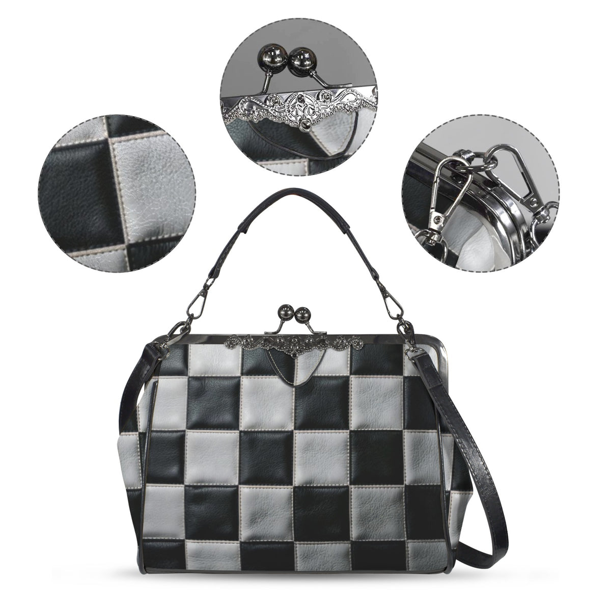 Kisslock bag with black and white checkerboard pattern, plus close-ups of print, clasp, and strap hardware