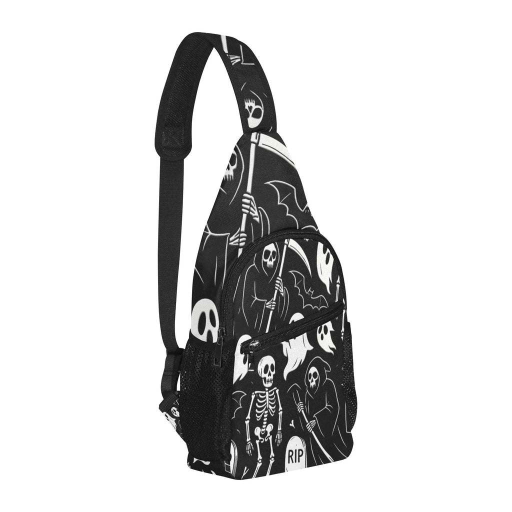 Opposite three-quarter view of chest bag with white ghosts and reapers on black and shoulder strap