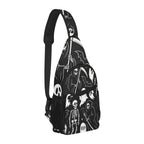 Opposite three-quarter view of chest bag with white ghosts and reapers on black and shoulder strap