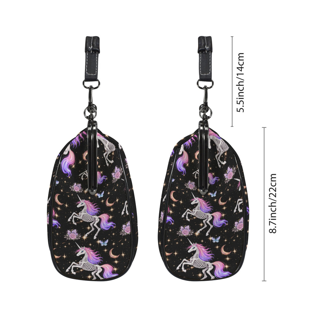 Two side profiles of kisslock bag with skeleton unicorns with purple and pink manes on black beside dimension markers