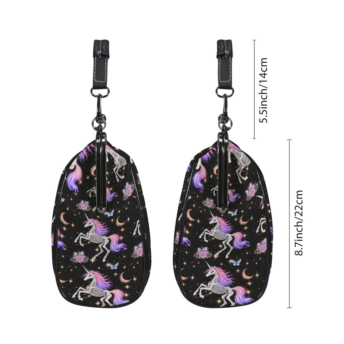 Two side profiles of kisslock bag with skeleton unicorns with purple and pink manes on black beside dimension markers