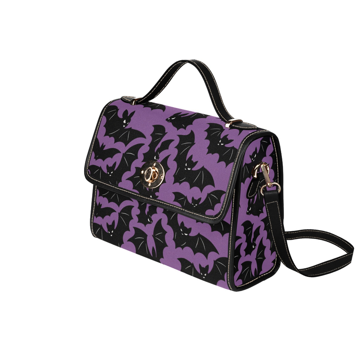 Purple Bat Swarm Canvas Bag right three-quarter view showing flap and strap