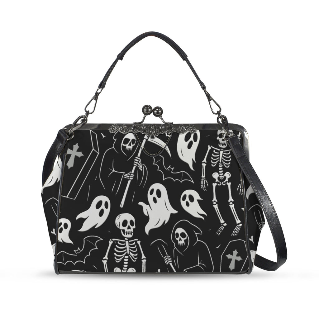 Kisslock crossbody bag with white ghosts and grim reapers on black, front view with handle and shoulder strap