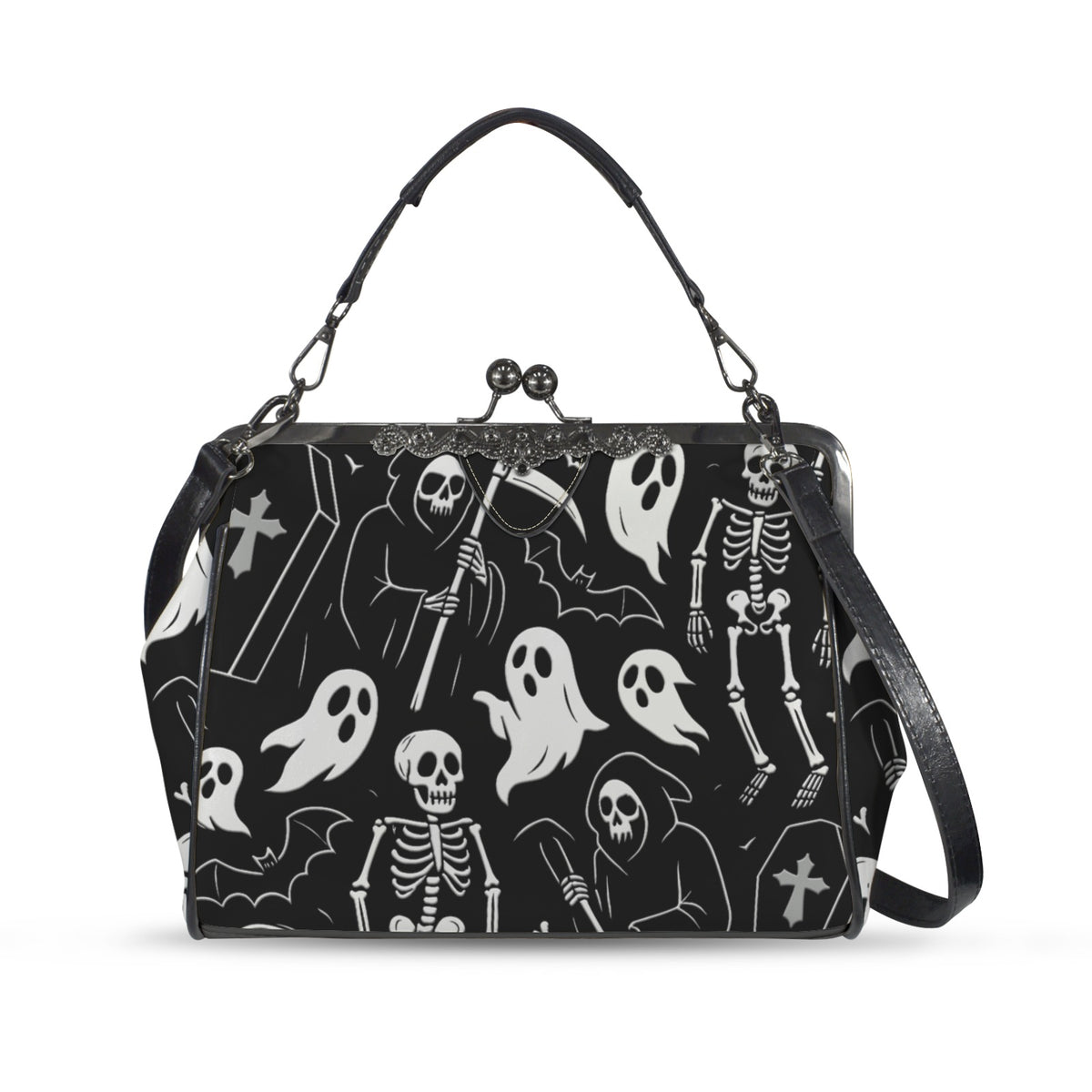 Kisslock crossbody bag with white ghosts and grim reapers on black, front view with handle and shoulder strap