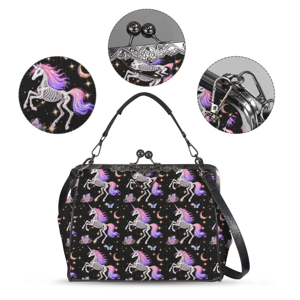 Kisslock bag with skeleton unicorns with purple and pink manes on black, plus close-ups of print, clasp, and strap hardware