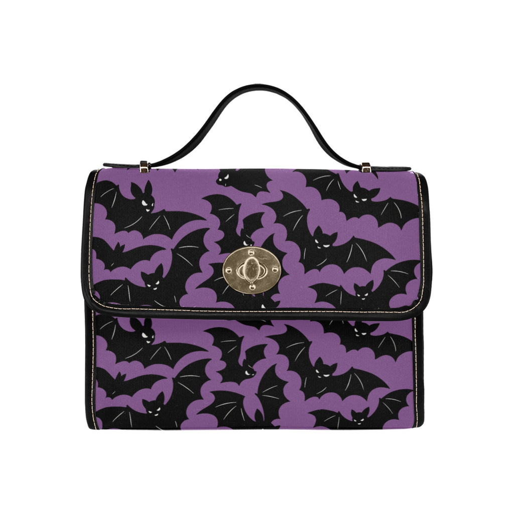 Purple Bat Swarm Canvas Bag front view with flap and top handle