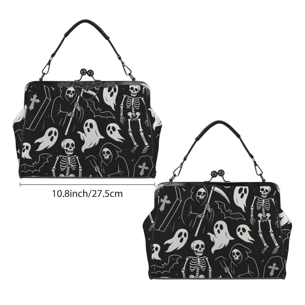 Kisslock bag with white ghosts and grim reapers on black shown from two broad sides beside a width marker