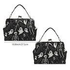 Kisslock bag with white ghosts and grim reapers on black shown from two broad sides beside a width marker