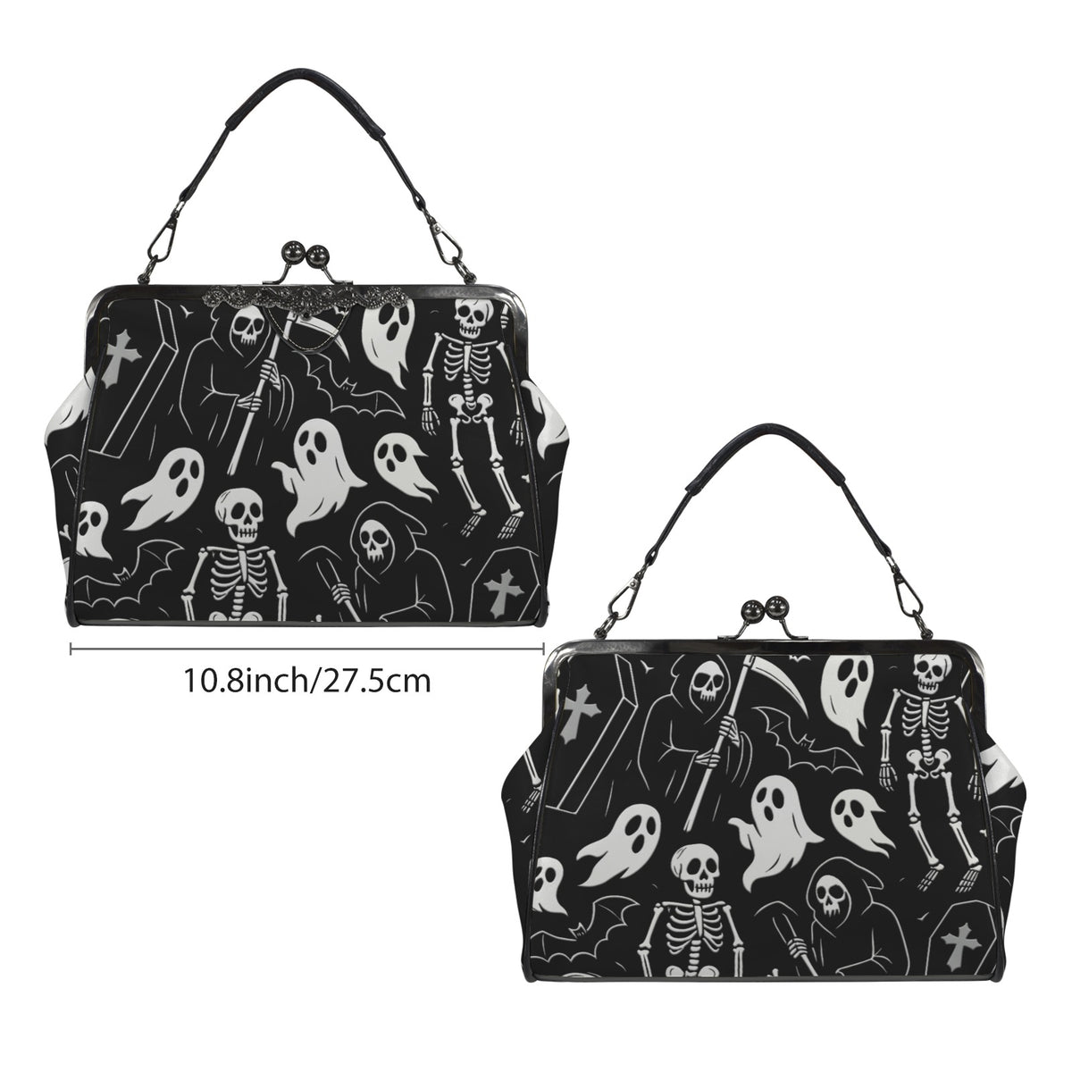 Kisslock bag with white ghosts and grim reapers on black shown from two broad sides beside a width marker