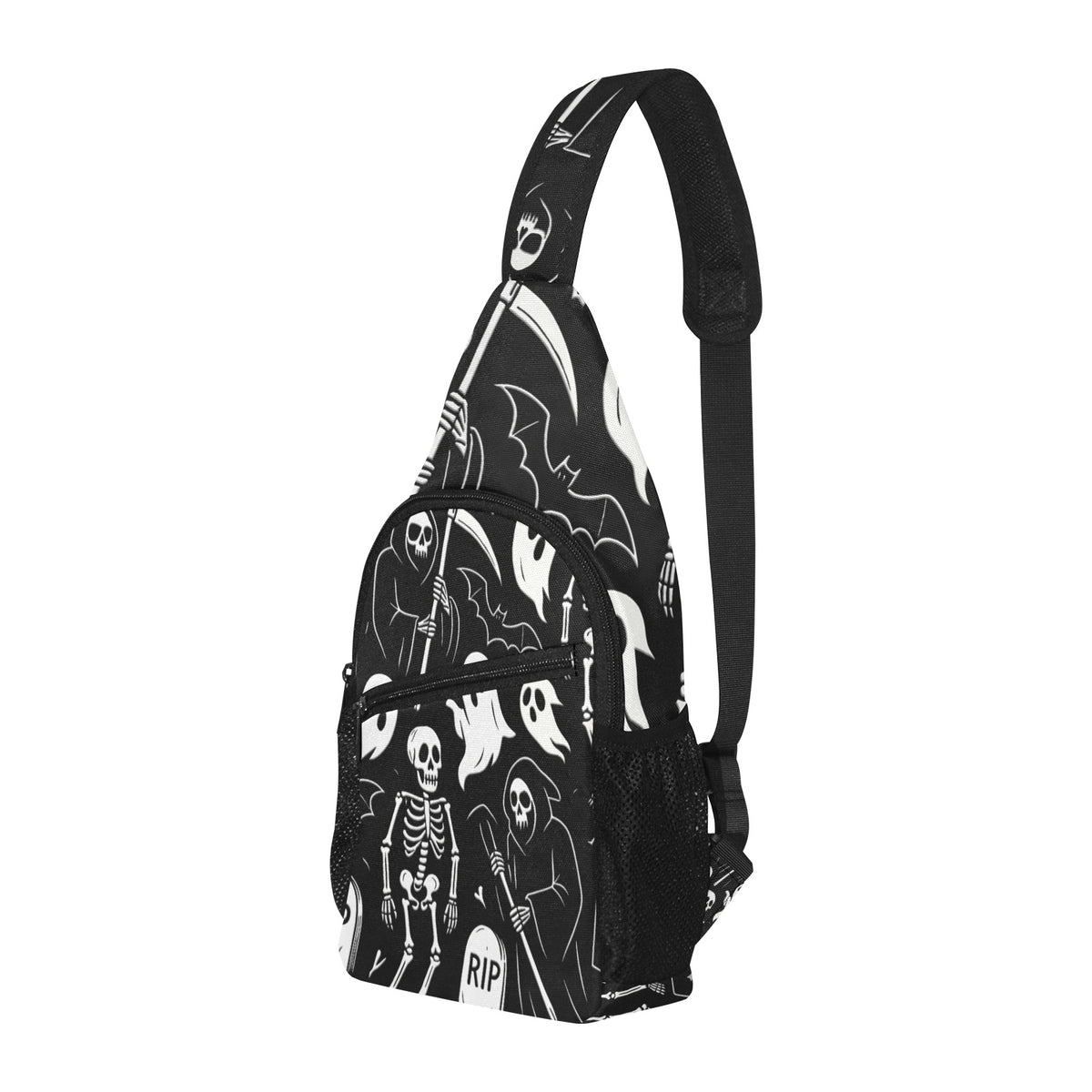 Three-quarter view of chest bag with white ghosts and reapers on black, front pocket and side mesh