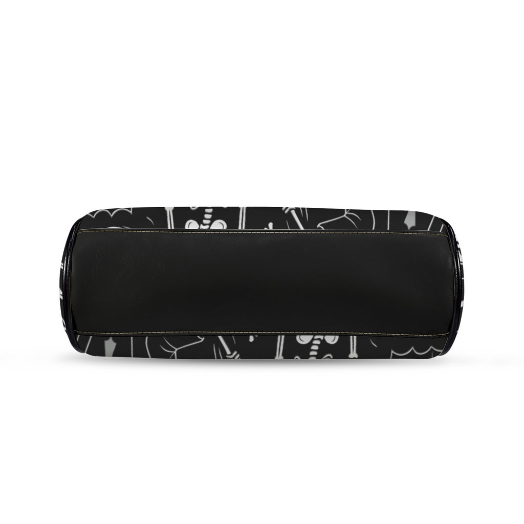 Underside of kisslock bag with white ghosts and grim reapers on black and black bottom panel
