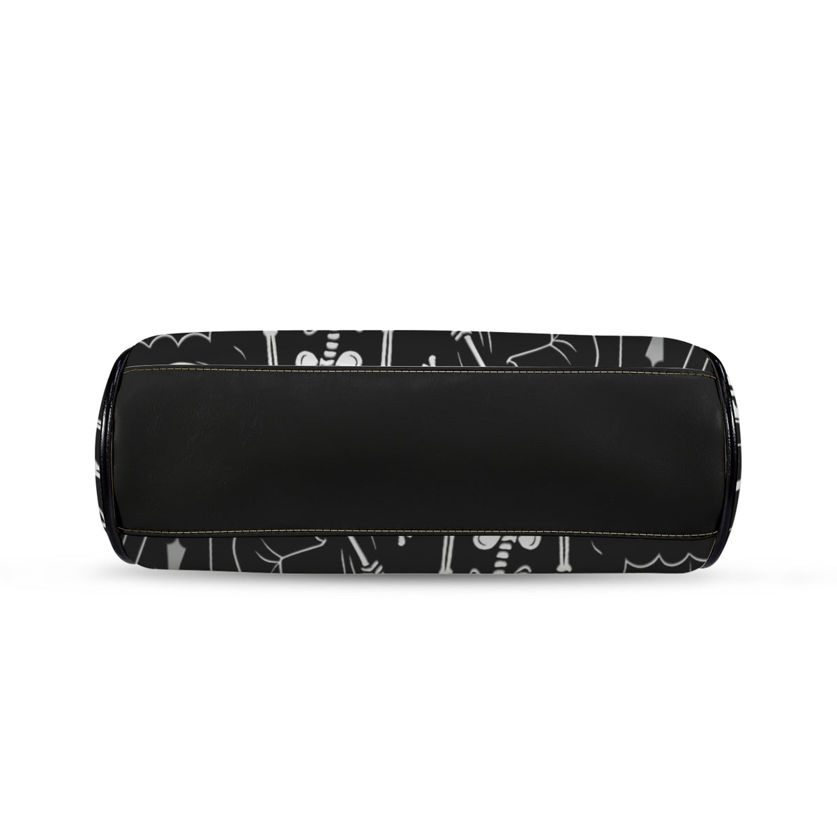 Underside of kisslock bag with white ghosts and grim reapers on black and black bottom panel