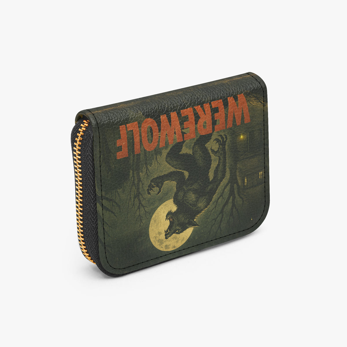 Moonlit Werewolf Bifold Zipper Wallet angled exterior view