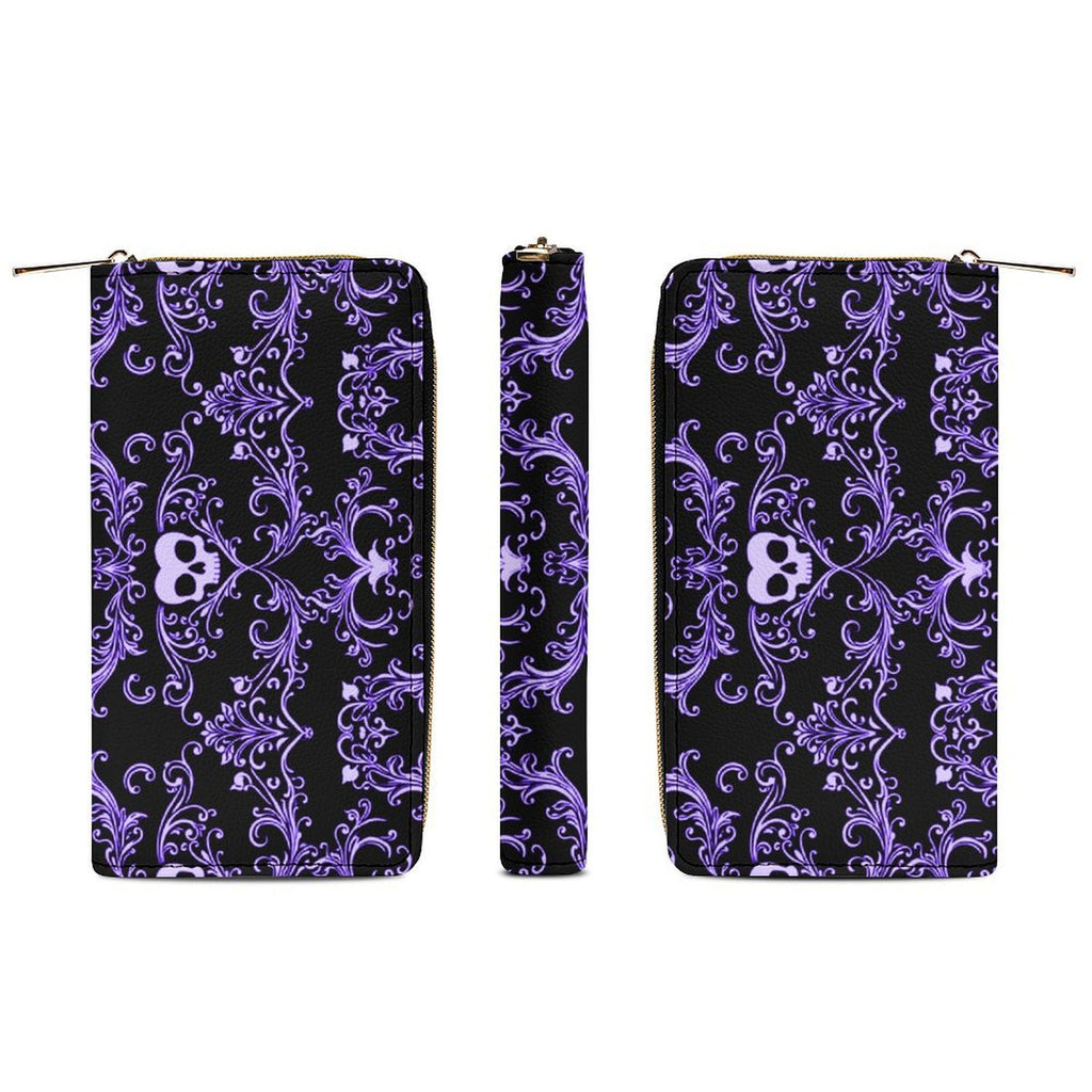 Purple Skull Damask Leather Wallet